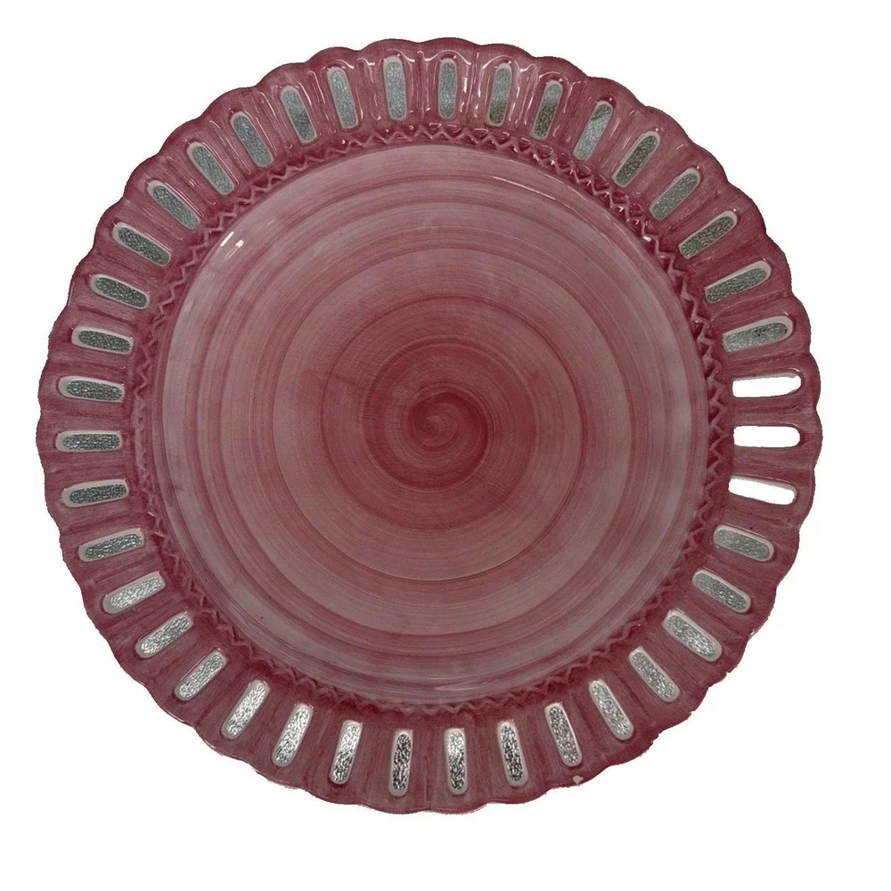 Vintage 1995 Lotus China Pink Reticulated Cake Stand Basket Weave Pedestal Plate